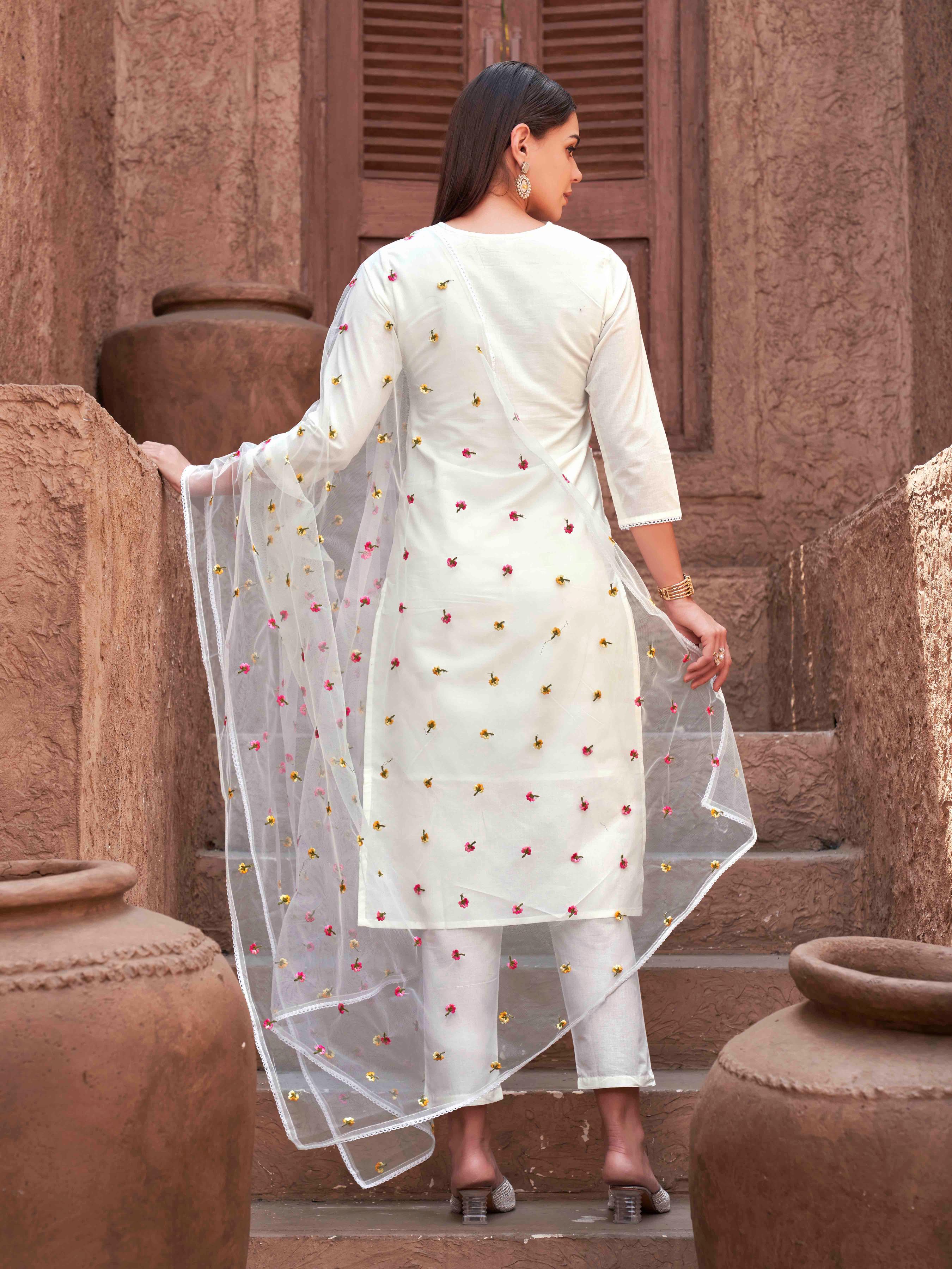 White Cotton With Multi Thread Embroidered Kurta Set